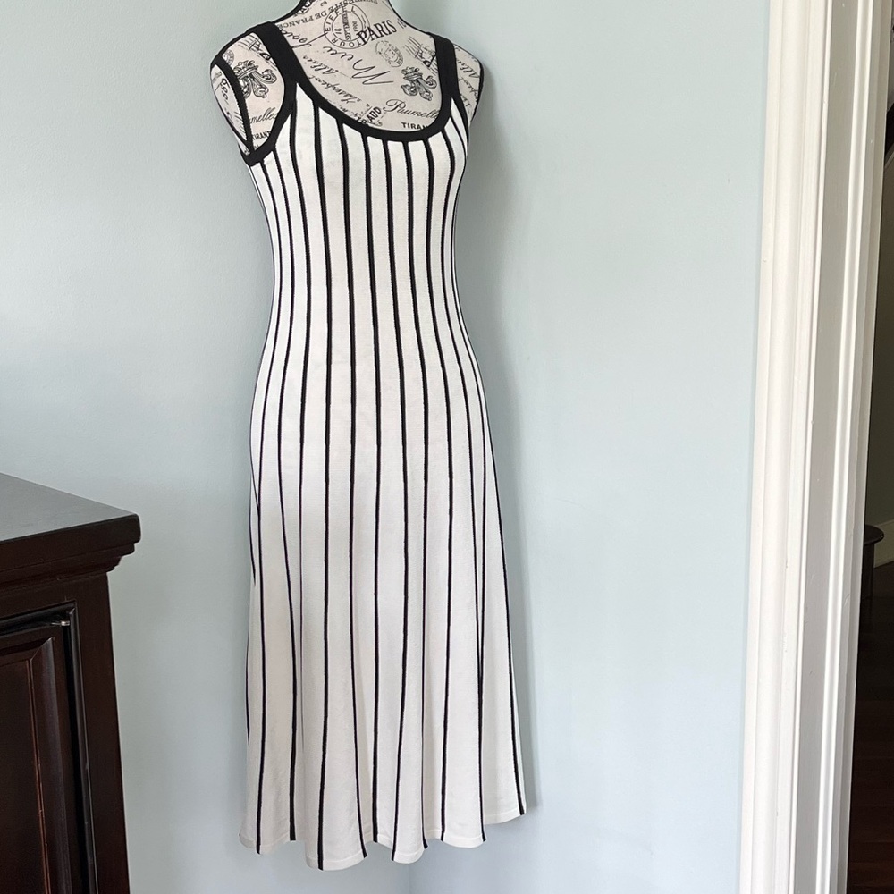 Elie Tahari Black and White Striped Midi Dress